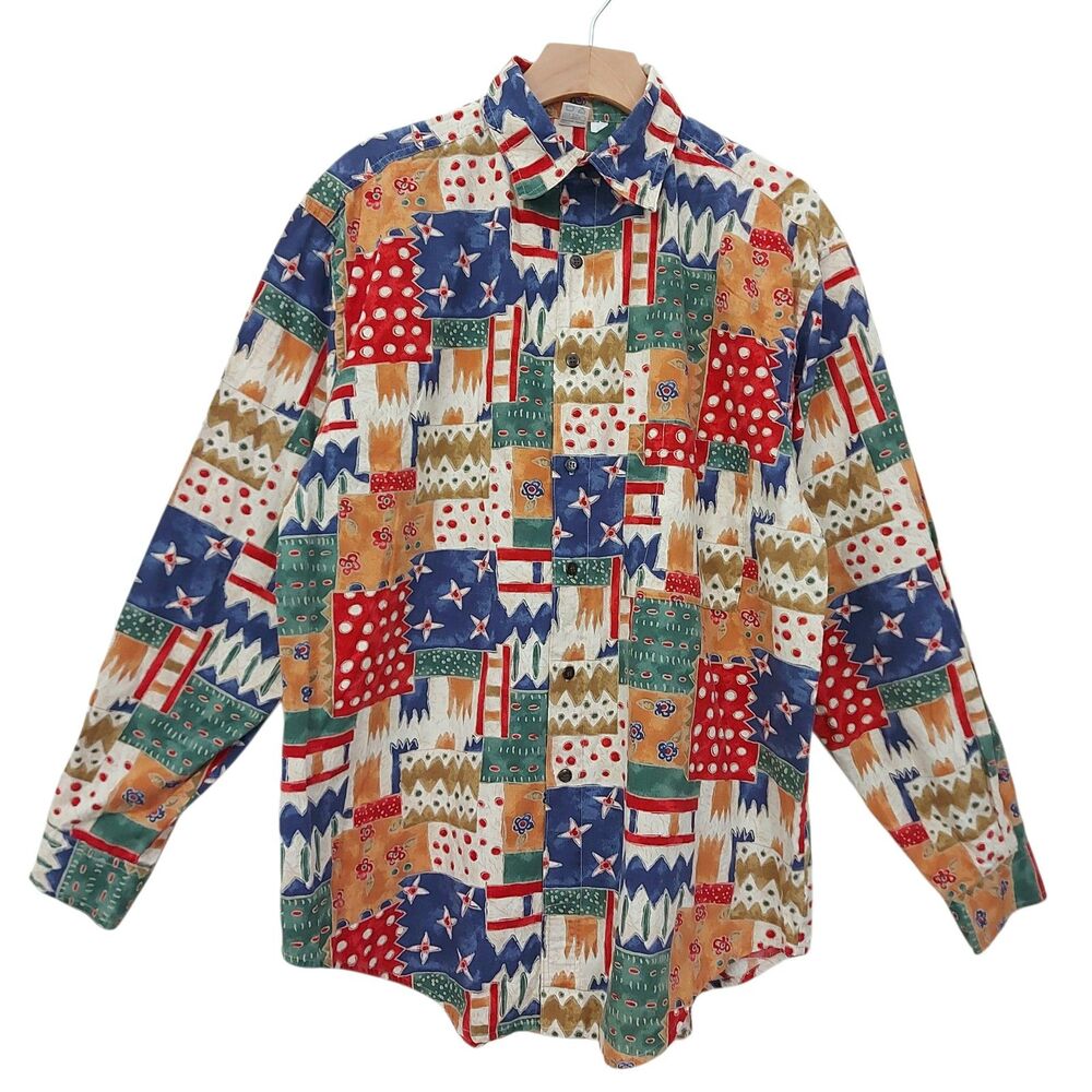 Vintage The Territory Ahead Mens Medium Shirt Abstract Patchwork Print Artsy
